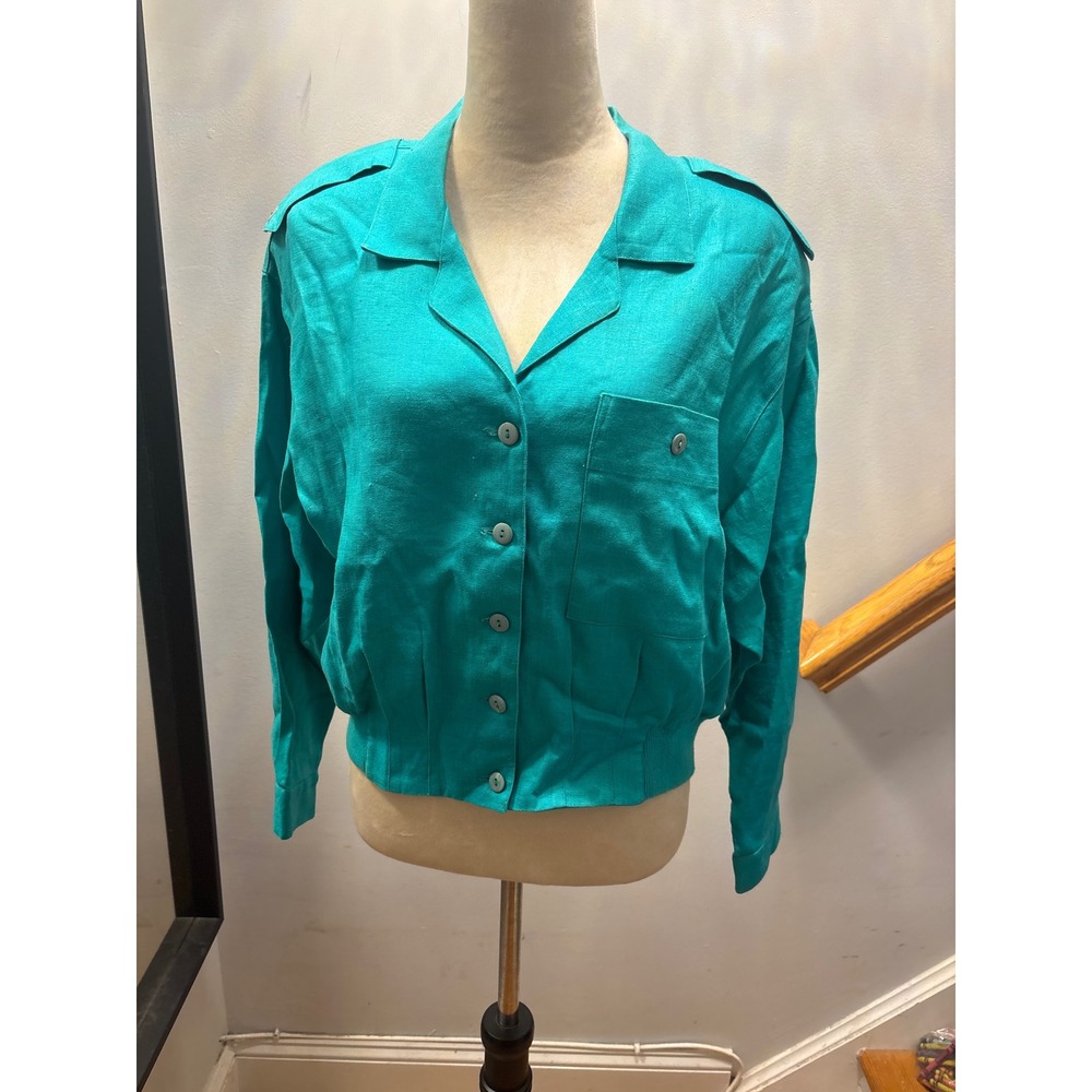 Kenar Blouse Womens L Teal Green  Vintage Linen Blend Button Front Top